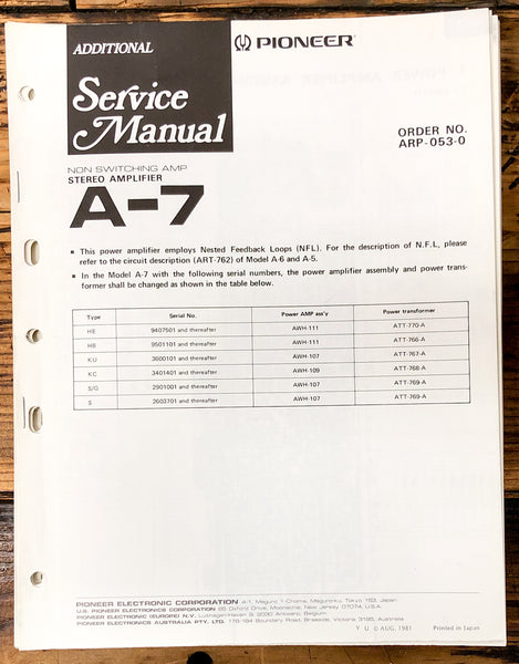 Pioneer A-7 Amplifier Add. Service Manual *Original*