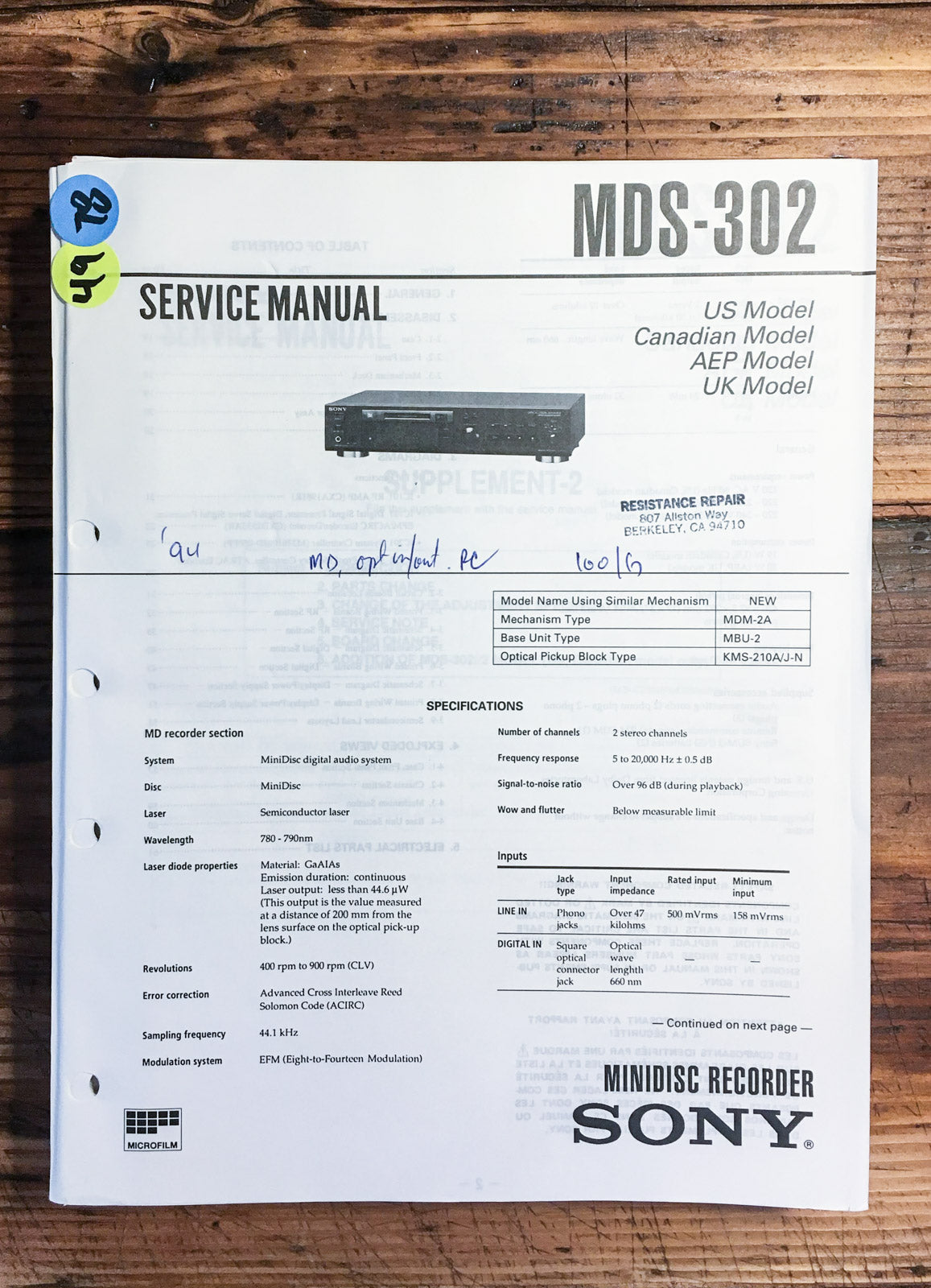 Sony MDS-302 Mini Disc MD Recorder  Service Manual *Original*