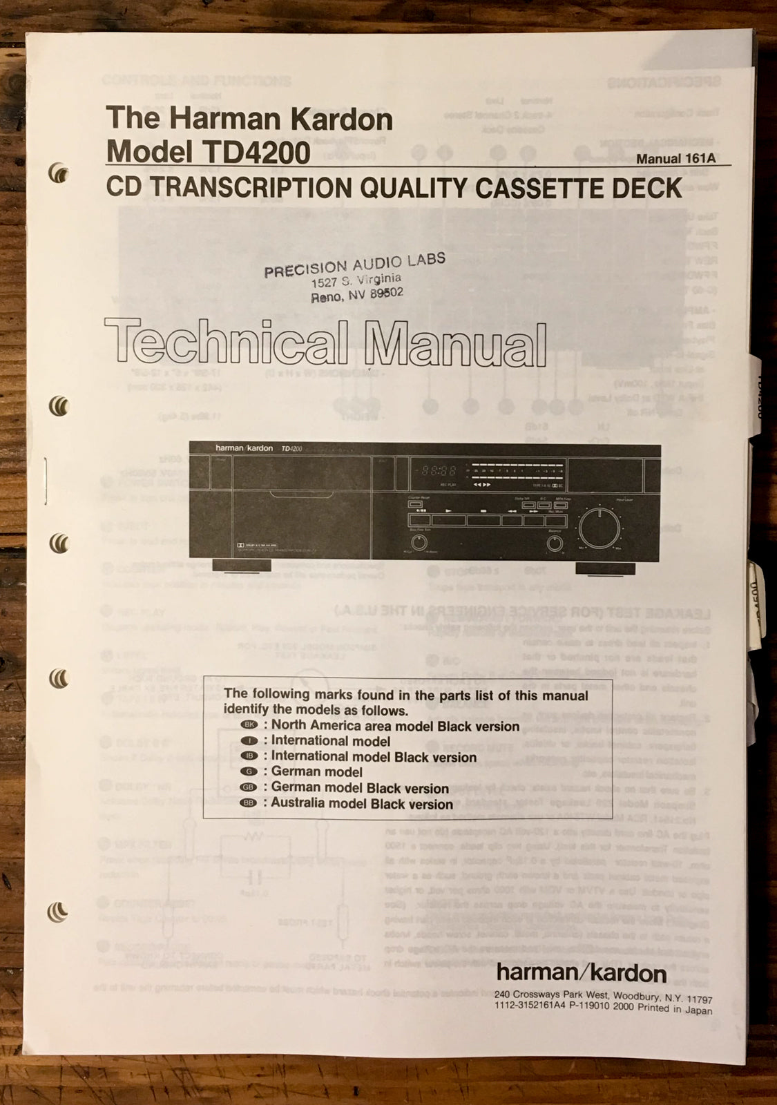 HK Harman Kardon TD-4200 TD-4200 Cassette Service Manual *Original*