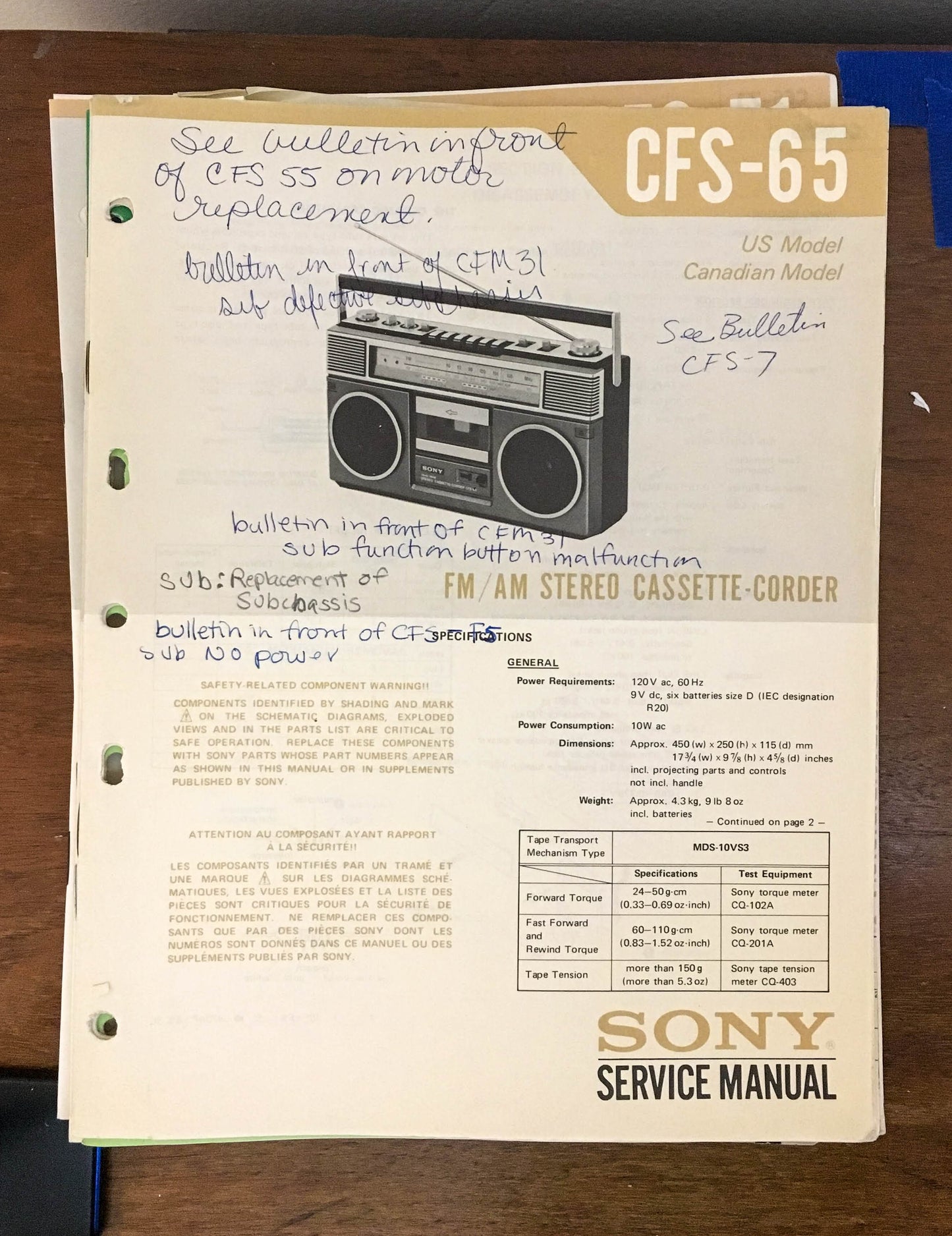 Sony CFS-65 Radio Cassette Recorder / Boombox Service Manual *Original*