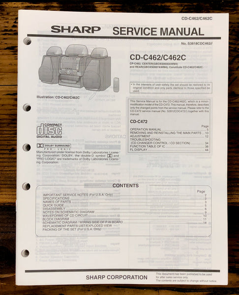 Sharp CD-C462 -C462C Stereo Service Manual *Original*