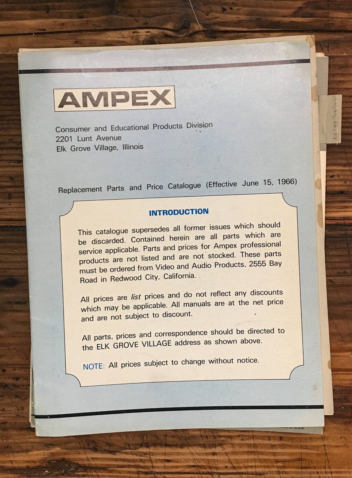 Ampex Replacement Parts Catalogue June 15 1966  Dealer Literature *Original*