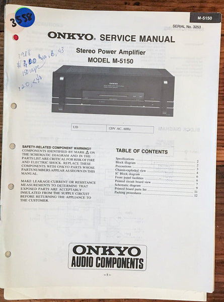 Onkyo M-5150 Amplifier  Service Manual *Original*