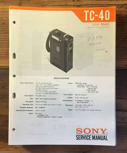 Sony TC-40 Tape Player Service Manual *Original*