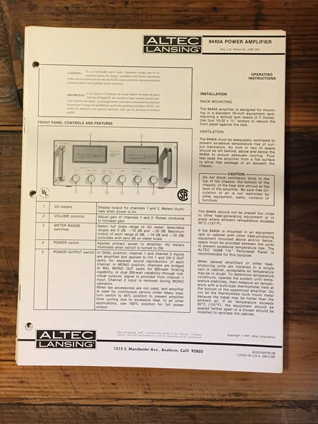 Altec 9440A 9440-A Amplifier Owner / Operating Instructions *Original*