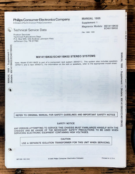 Magnavox / Philco / Sylvania MX1411 EC4011 Stereo  Sup. Service Manual *Orig*