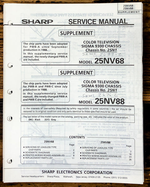 Sharp 25NV88 25NV68 TV / Television Service Manual Supp. *Original*