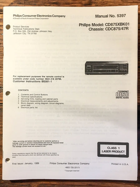 Philips CD875 CD-875 CD Player  Service Manual *Original*