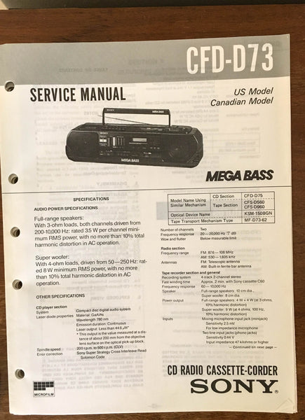 Sony CFD-D73 Radio Cassette Recorder  Service Manual *Original*