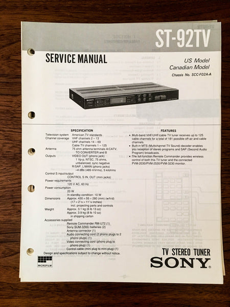 Sony ST-92TV TUNER Service Manual *Original*