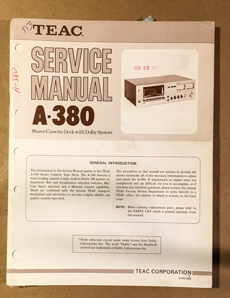 Teac / Tascam Model A-380 Cassette  Service Manual *Original*