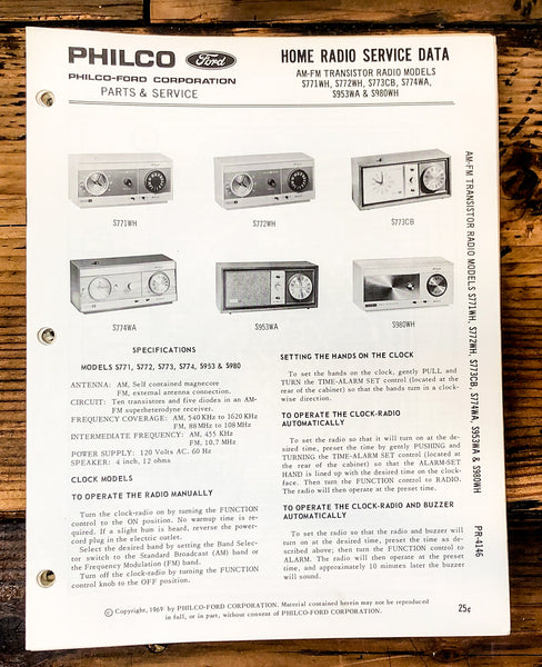 Philco Ford S771WH S772WH S773CB S774WA S953WA S980WH Radio Service Manual *Orig