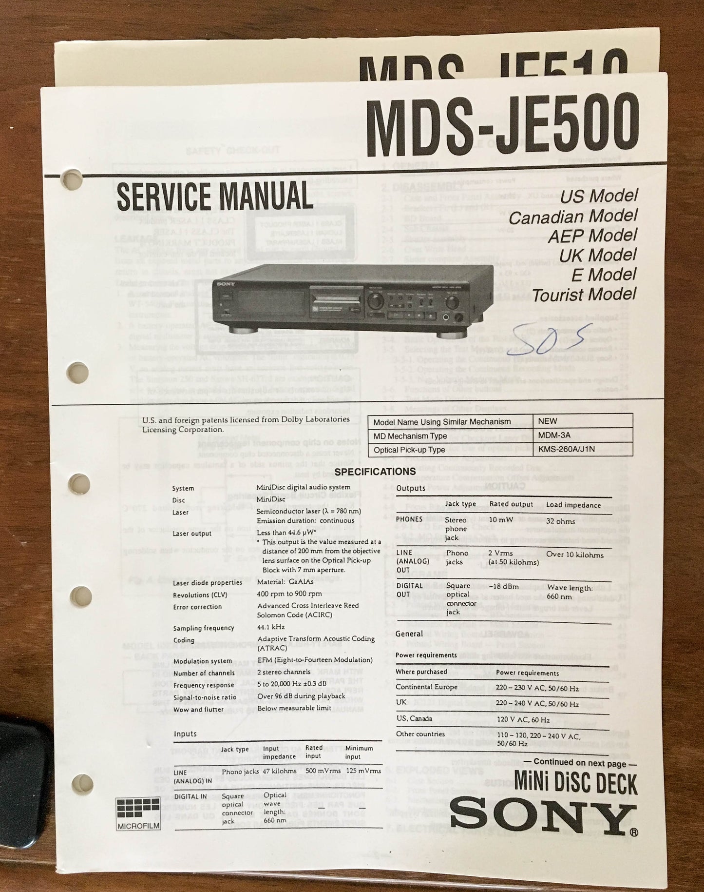 Sony MDS-JE500 MD Mini Disc  Service Manual *Original*