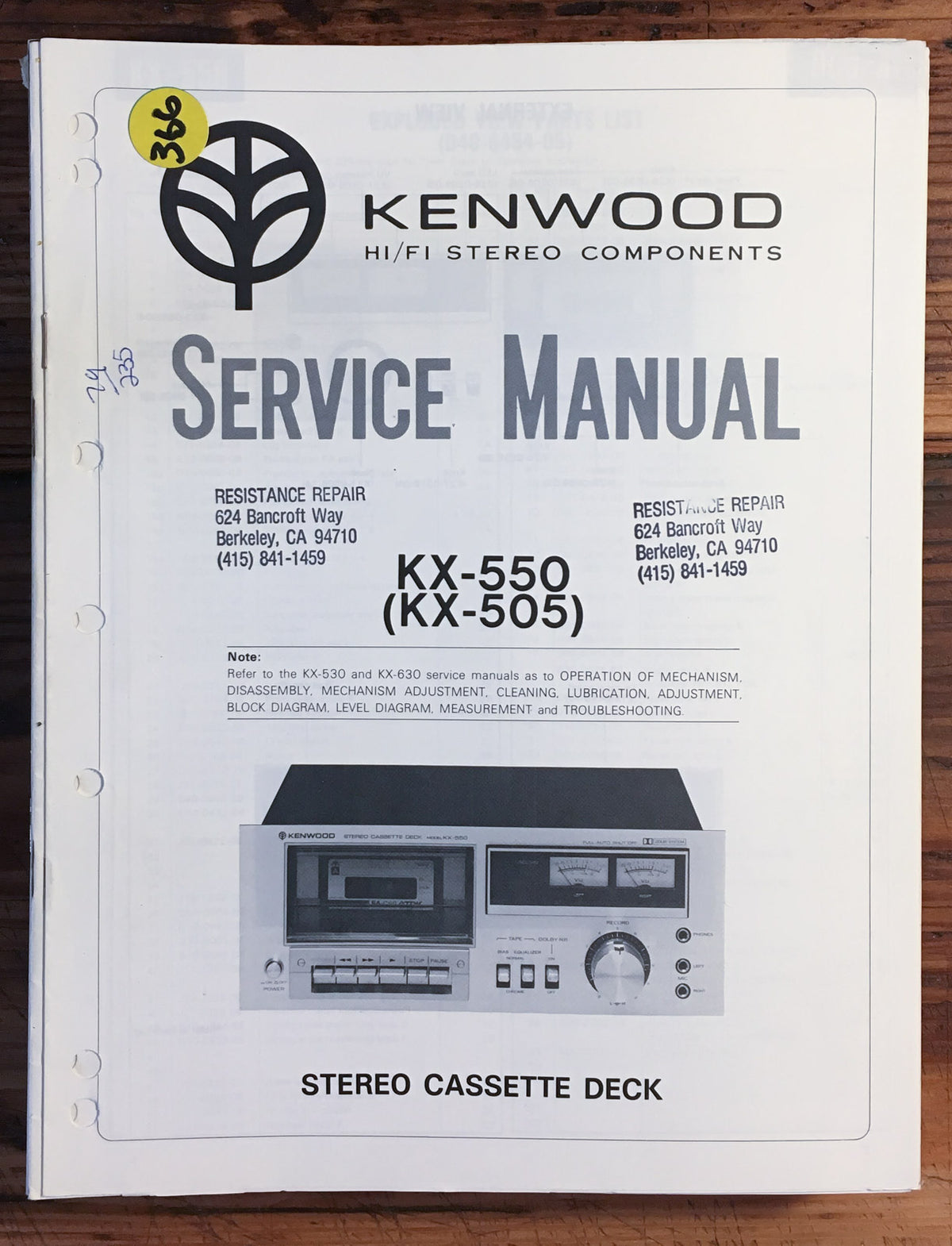 Kenwood KX-550 Cassette  Service Manual *Original*