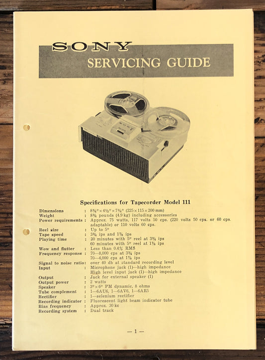 Sony Model 111 Reel to Reel  Service Manual *Original*