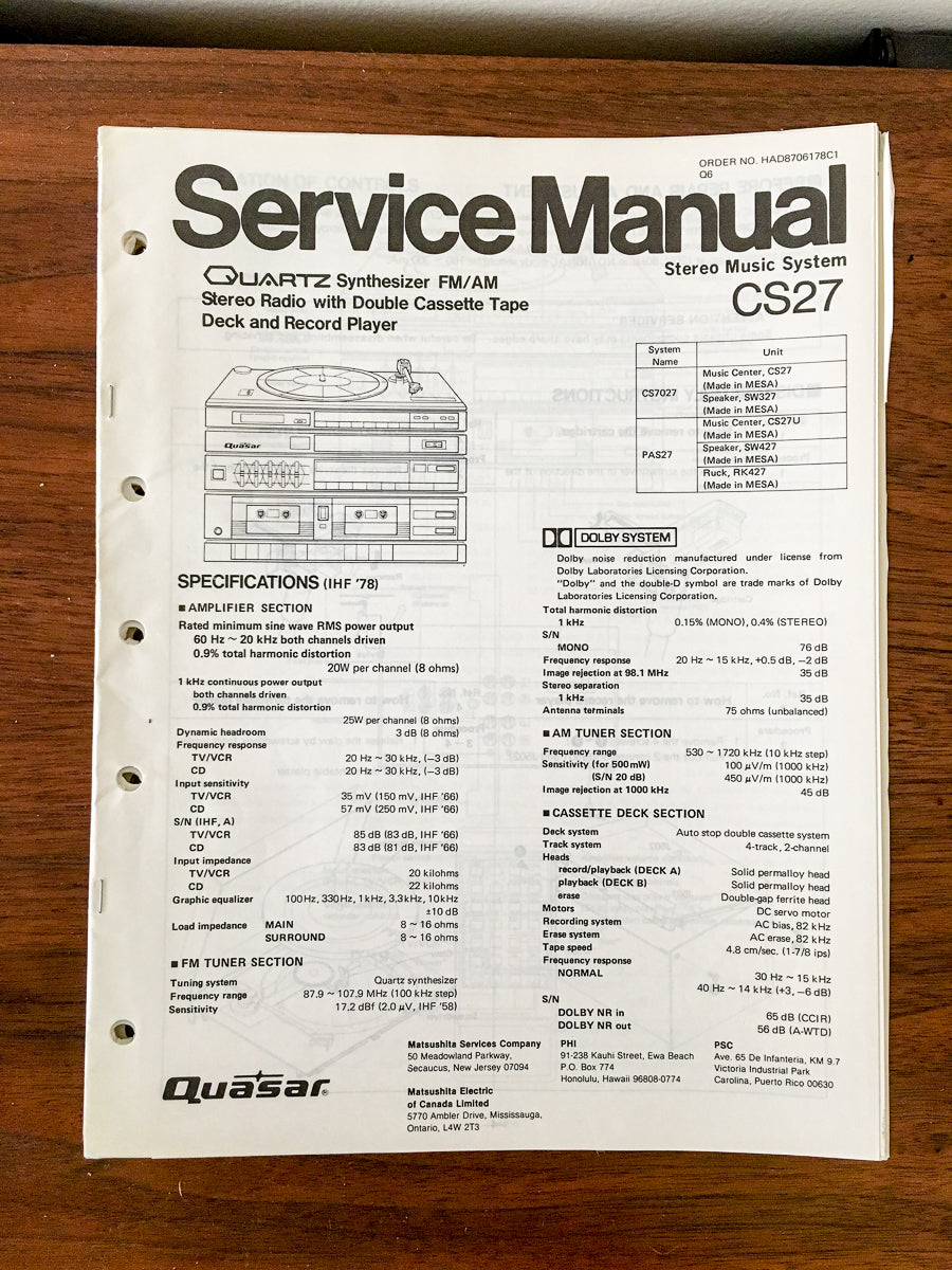 Quasar / Technics CS27 CS-27 Stereo Service Manual *Original*
