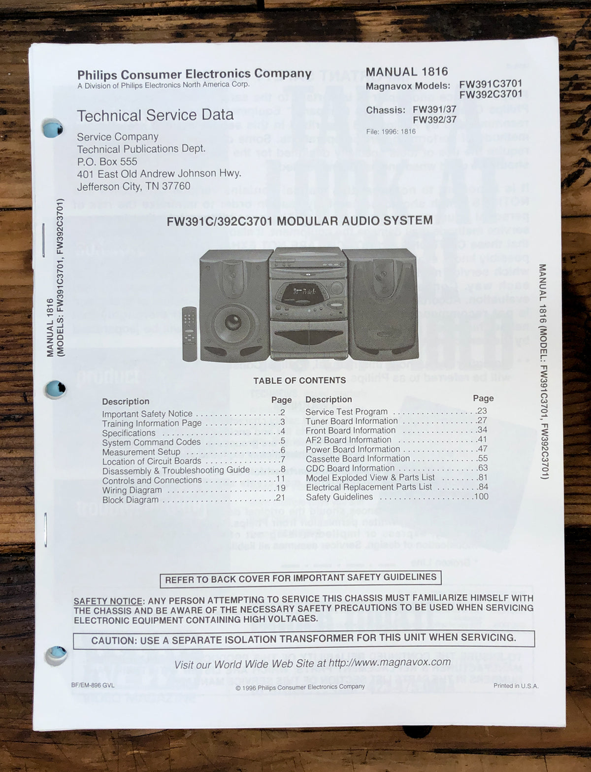 Philips / Magnavox FW391C FW392C 3701 Stereo  Service Manual *Original*