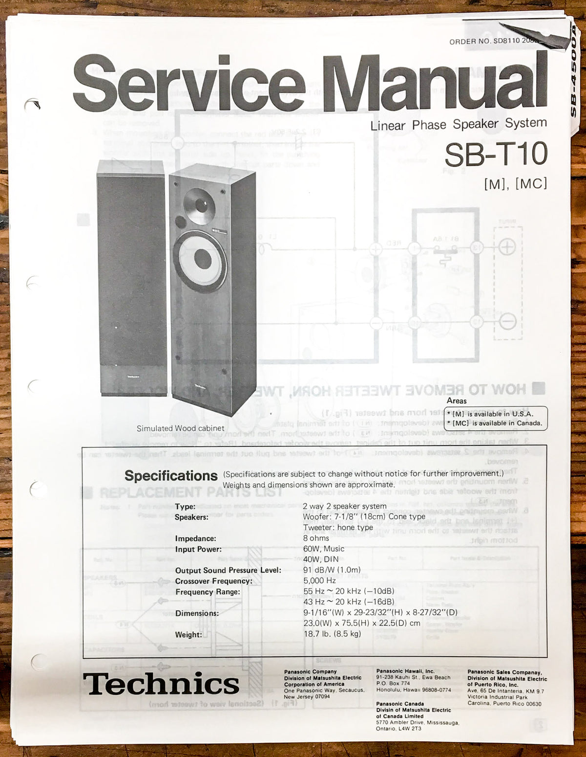 Technics SB-T10 Speaker  Service Manual *Original*