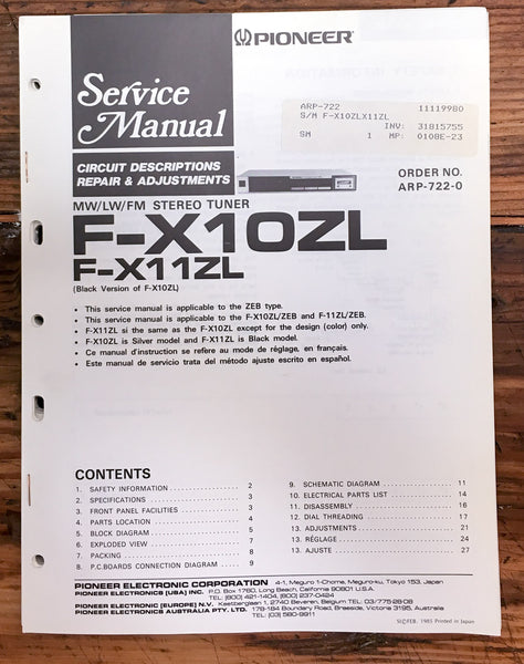 Pioneer F-X10ZL F-X11ZL Tuner  Service Manual *Original*