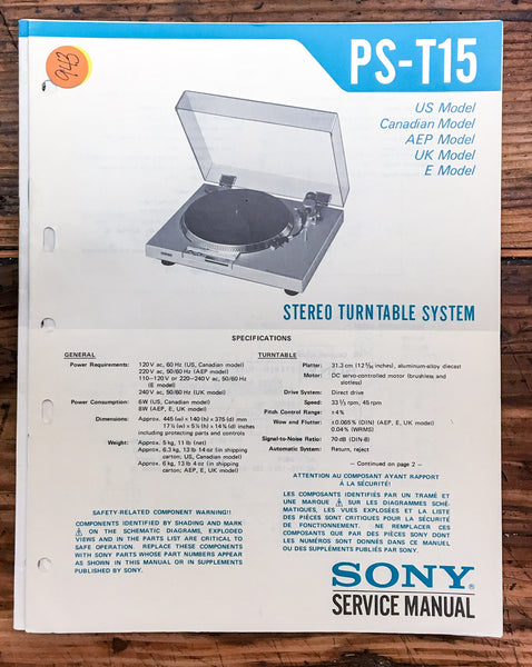 Sony PS-T15 Record Player / Turntable  Service Manual *Original*