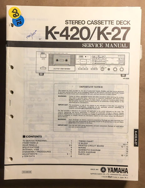 Yamaha K-420 K-27 Cassette  Service Manual *Original*