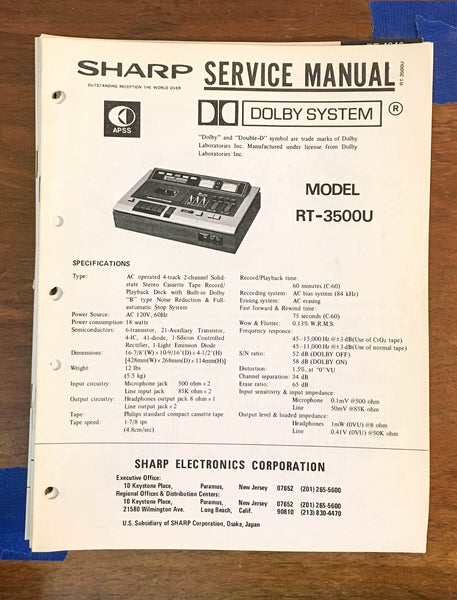 Sharp RT-3500U Cassette Tape Recorder Service Manual *Original*