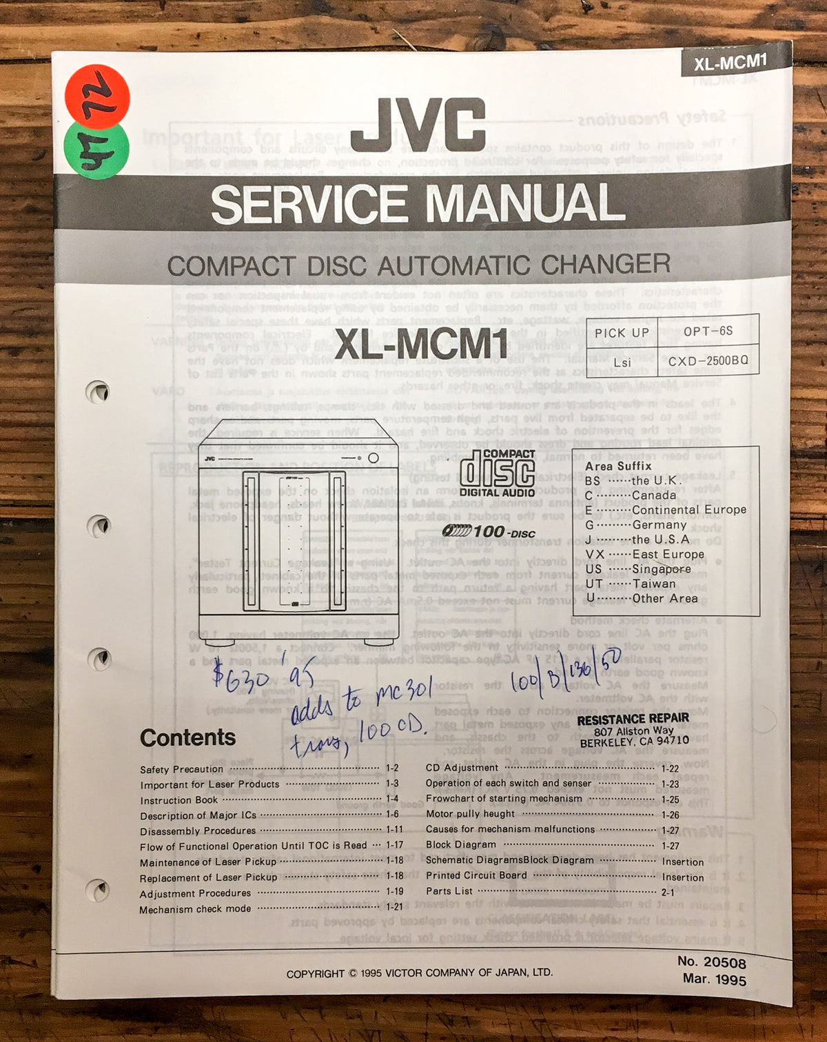 JVC XL-MCM1 CD Player  Service Manual *Original*