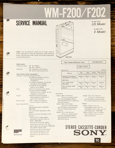 Sony WM-F200 WM-F202 Radio Cassette  Service Manual *Original*