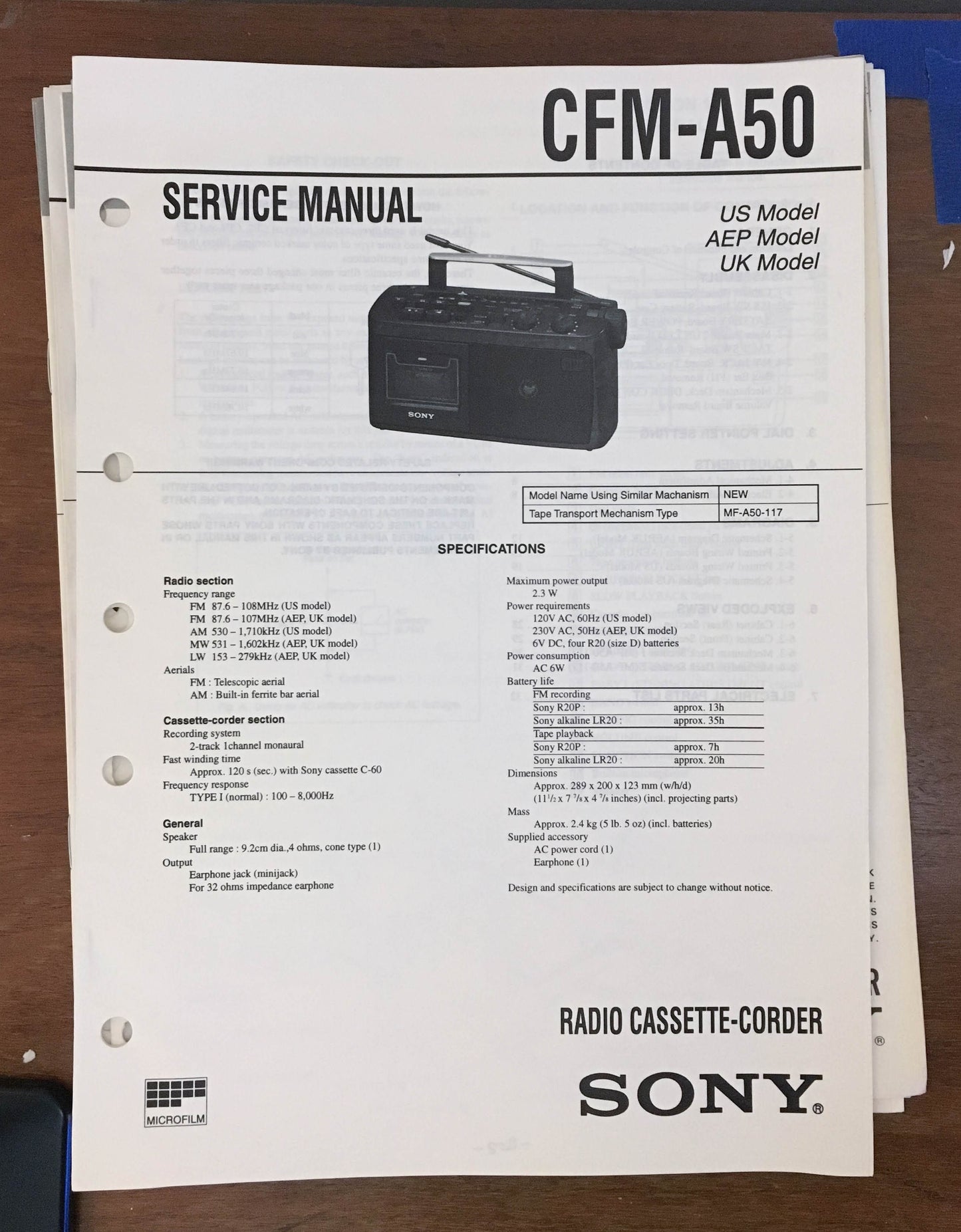 Sony CFM-A50 Radio Cassette Recorder Service Manual *Original*