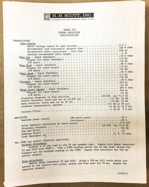 H.H. Scott Model 222C Amplifier Service Bulletin *Original*