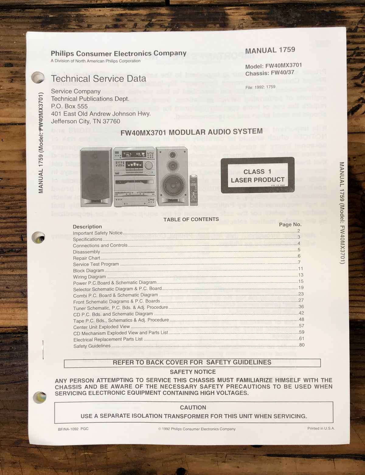 Magnavox FW40MX3701 FW40MX37 01 Stereo  Service Manual *Original*