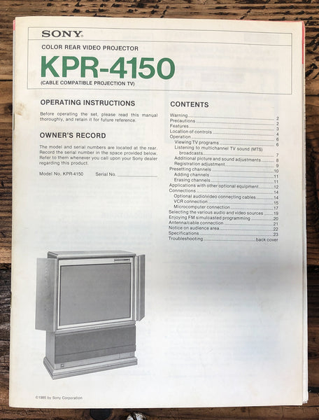 Sony KPR-4150 TV  Owner /  User Manual *Original*