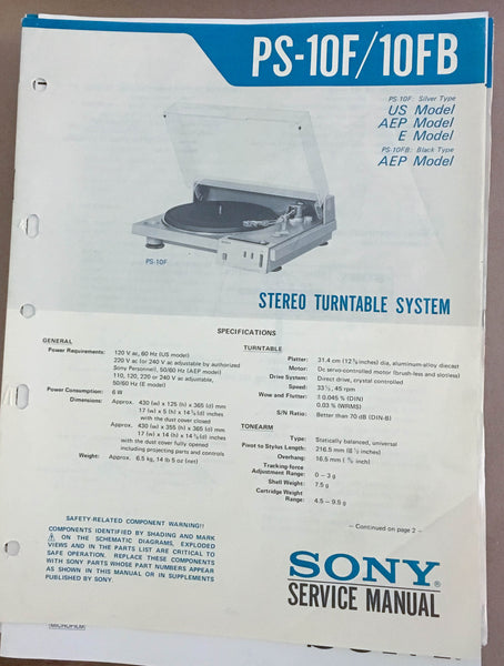 Sony PS-10F 10FB Turntable Record Player  Service Manual *Original*