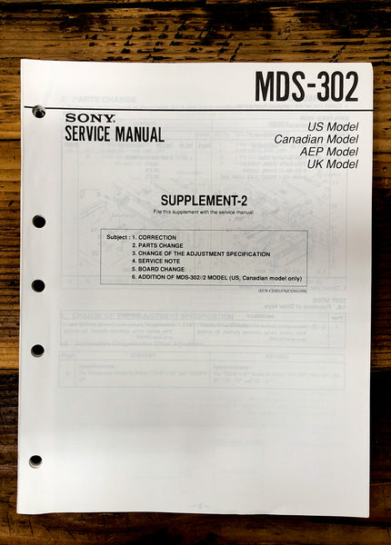 Sony MDS-302 MD MiniDisc Recorder Supp. 2 Service Manual *Original*