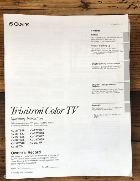 Sony KV-27TS29 -27TS32 -32TS46 -32T278 TV  Owners / User Manual *Original*