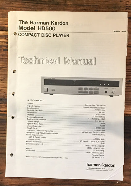 Harman Kardon HD500 HD-500 CD Player  Service Manual *Original*