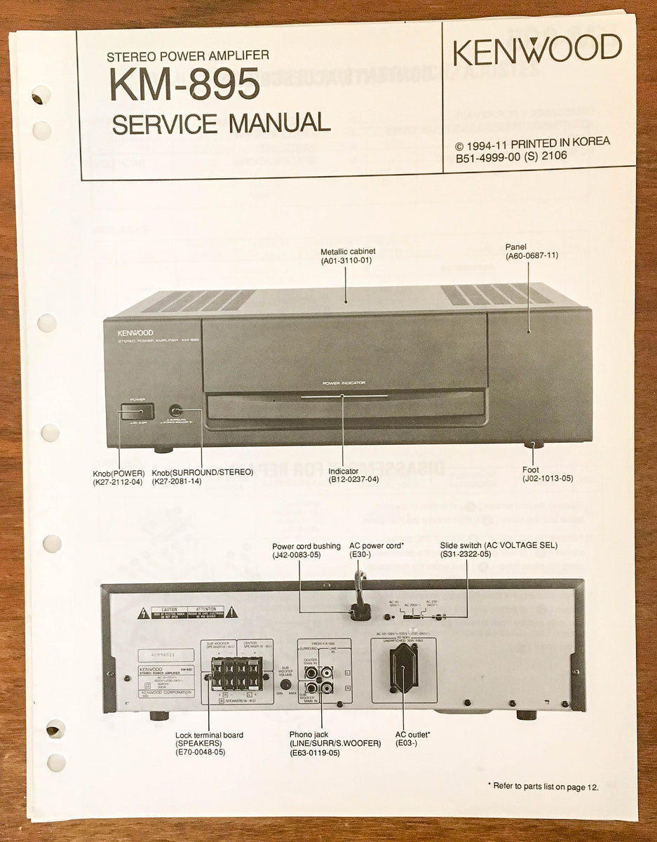 Kenwood KM895 Stereo Amplifier Service Manual *Original* Vintage
