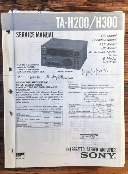 Sony TA-H200 TA-H300 Amplifier  Service Manual *Original*