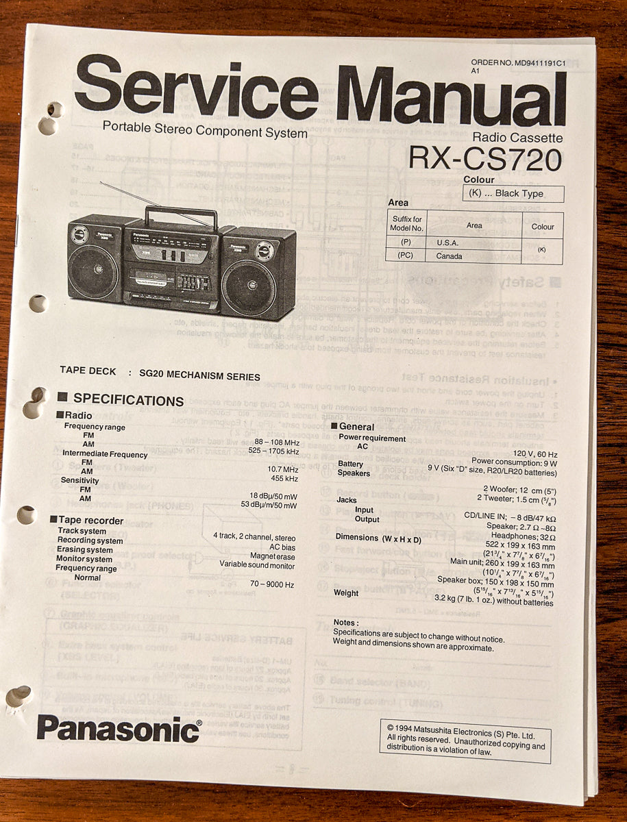Panasonic RX-CS720 Radio Cassette Service Manual *Original* – Vintage ...