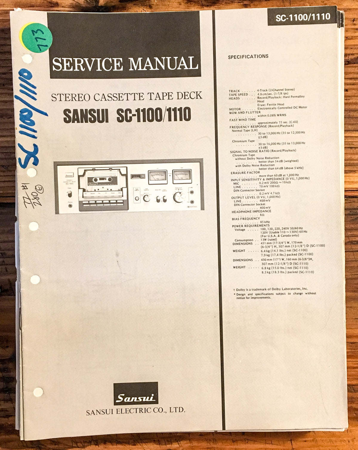 Sansui SC-1100 SC-1110 Cassette Service Manual *Original*