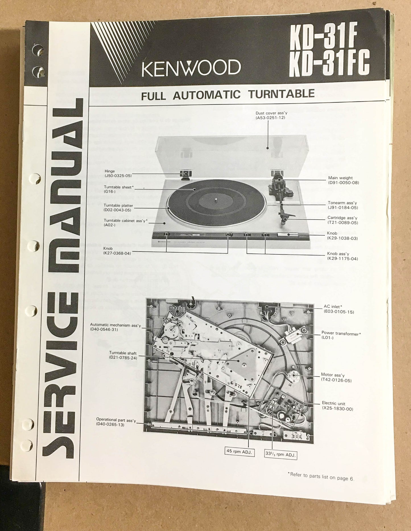 Kenwood KD-31F KD-31FC Turntable / Record Player  Service Manual *Original*