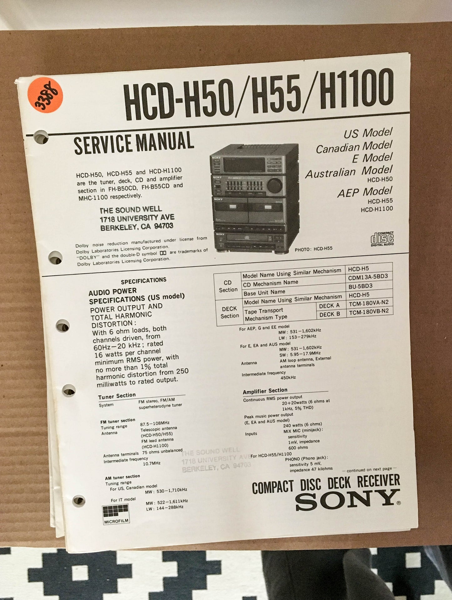 Sony HCD-H50 HCD-H55 HCD-H1100 Stereo System Service Manual *Original*