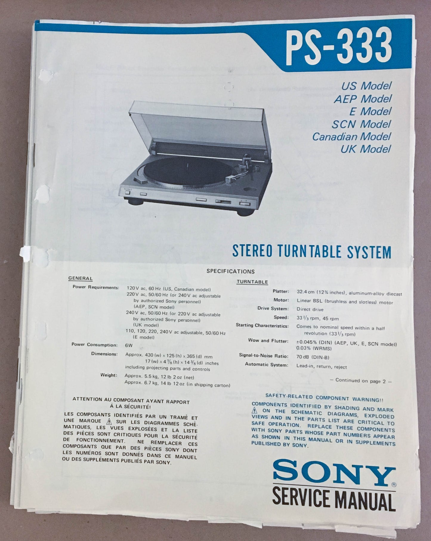 Sony PS-333 Turntable Record Player  Service Manual *Original*