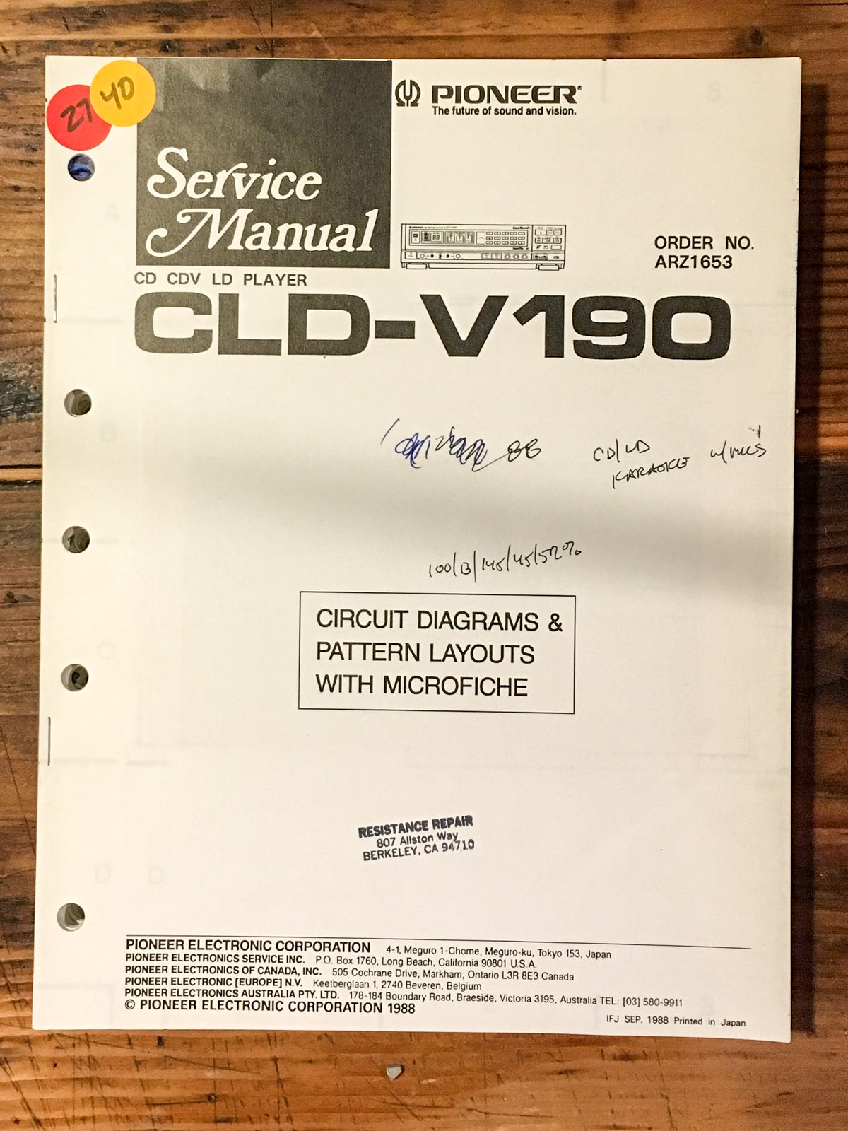 Pioneer CLD-V190 Laserdisc Player Service Manual *Original*