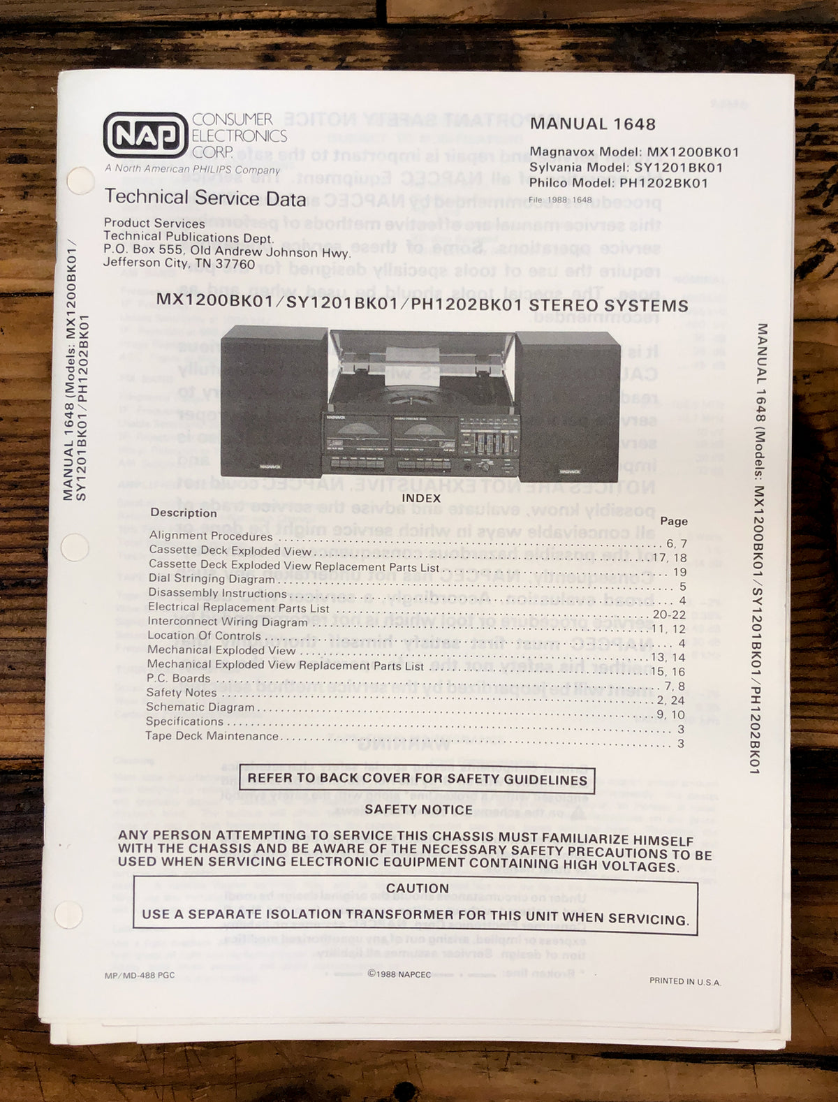 Magnavox / Sylvania MX1200 SY1201 PH1202 Stereo  Service Manual *Original*
