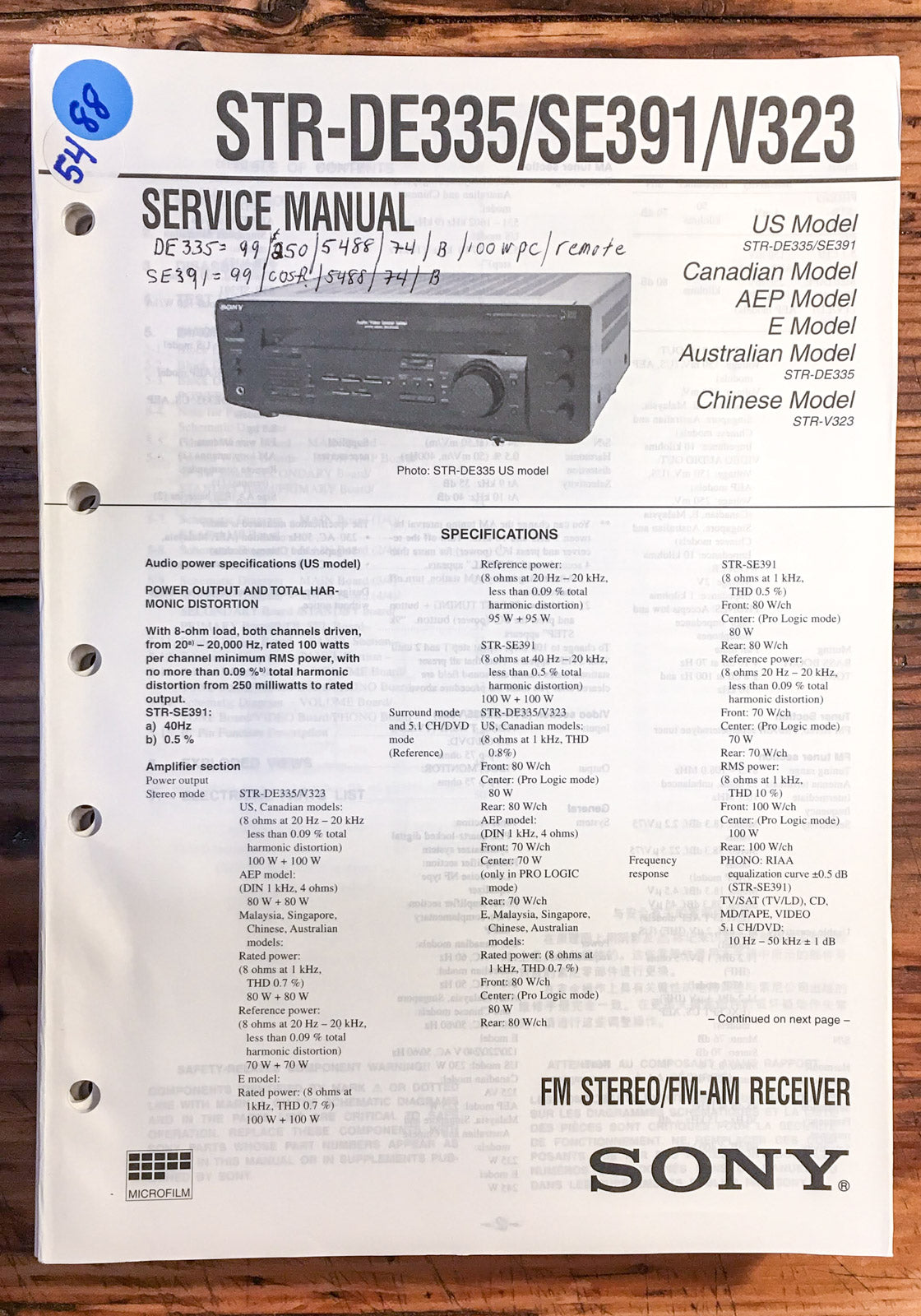 Sony STR-DE335 STR-SE391 STR-V323 Receiver  Service Manual *Original*
