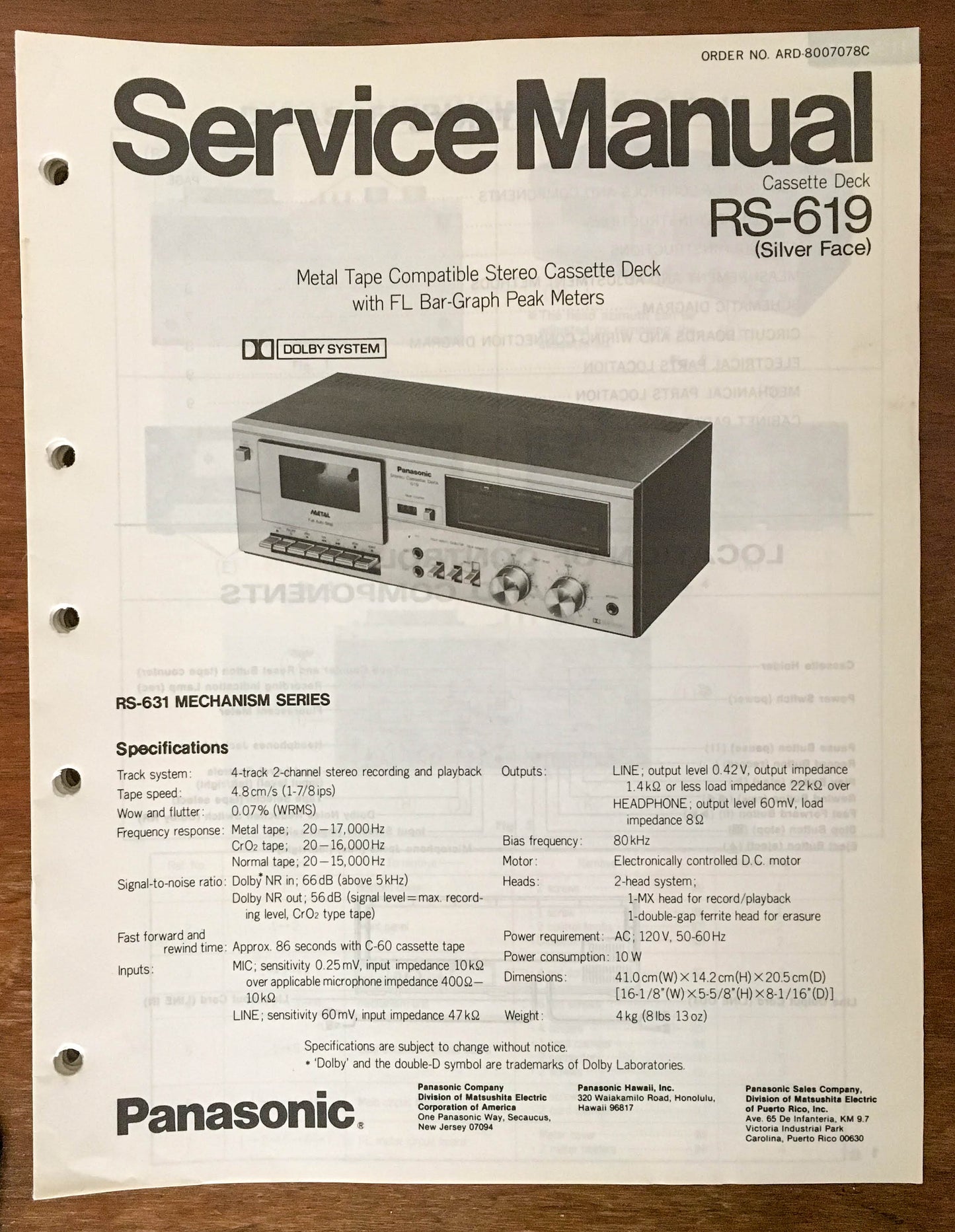 Panasonic Technics RS-619 Cassette Deck  Service Manual *Original*
