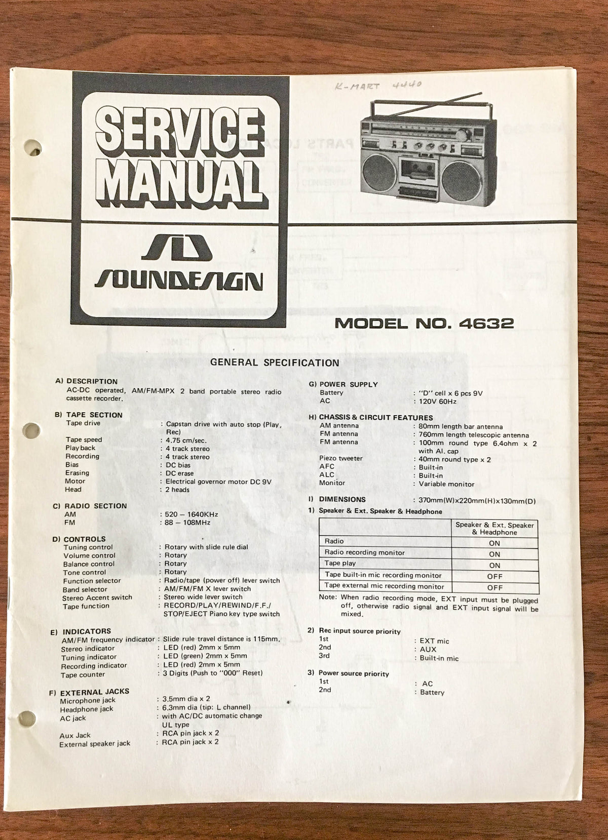 SoundDesign Sound Design Model 4632 Radio Service Manual *Original*