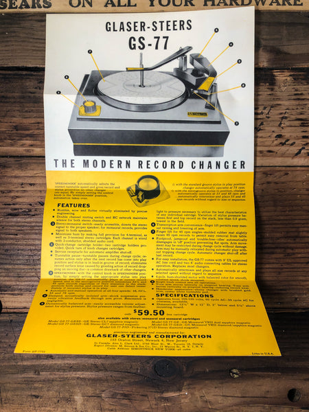 Glaser-Steers GS-77 Record Changer 3 pg Foldout Dealer Brochure *Orig*