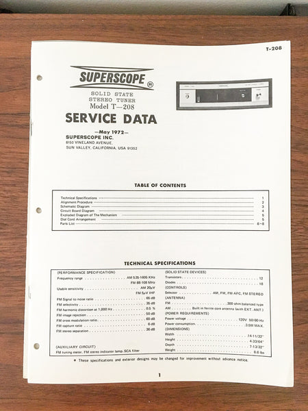 Superscope / Marantz T-208 Tuner Service Manual *Original*